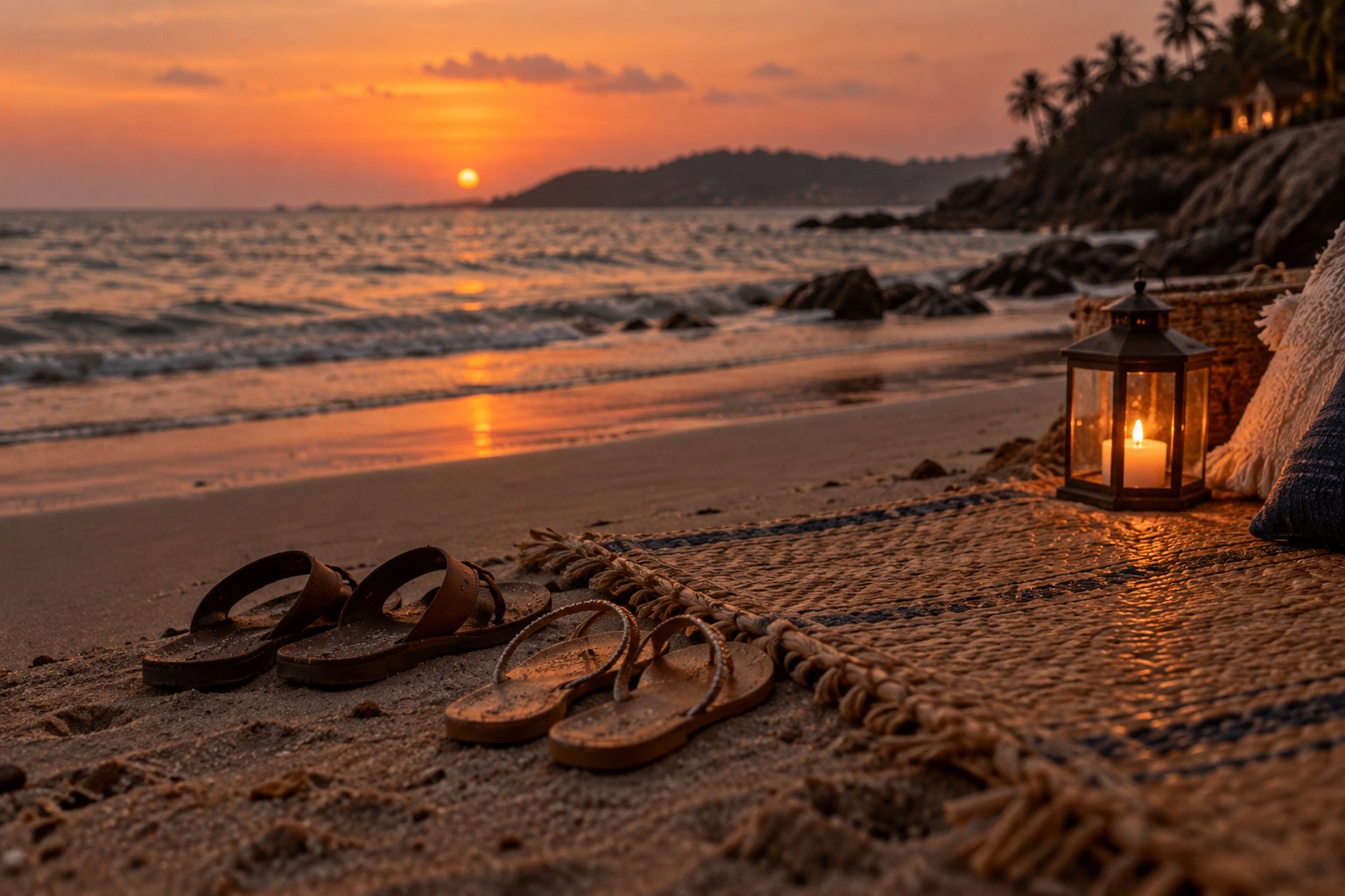 Two pairs of sandals beside a quiet Goa beach at dusk