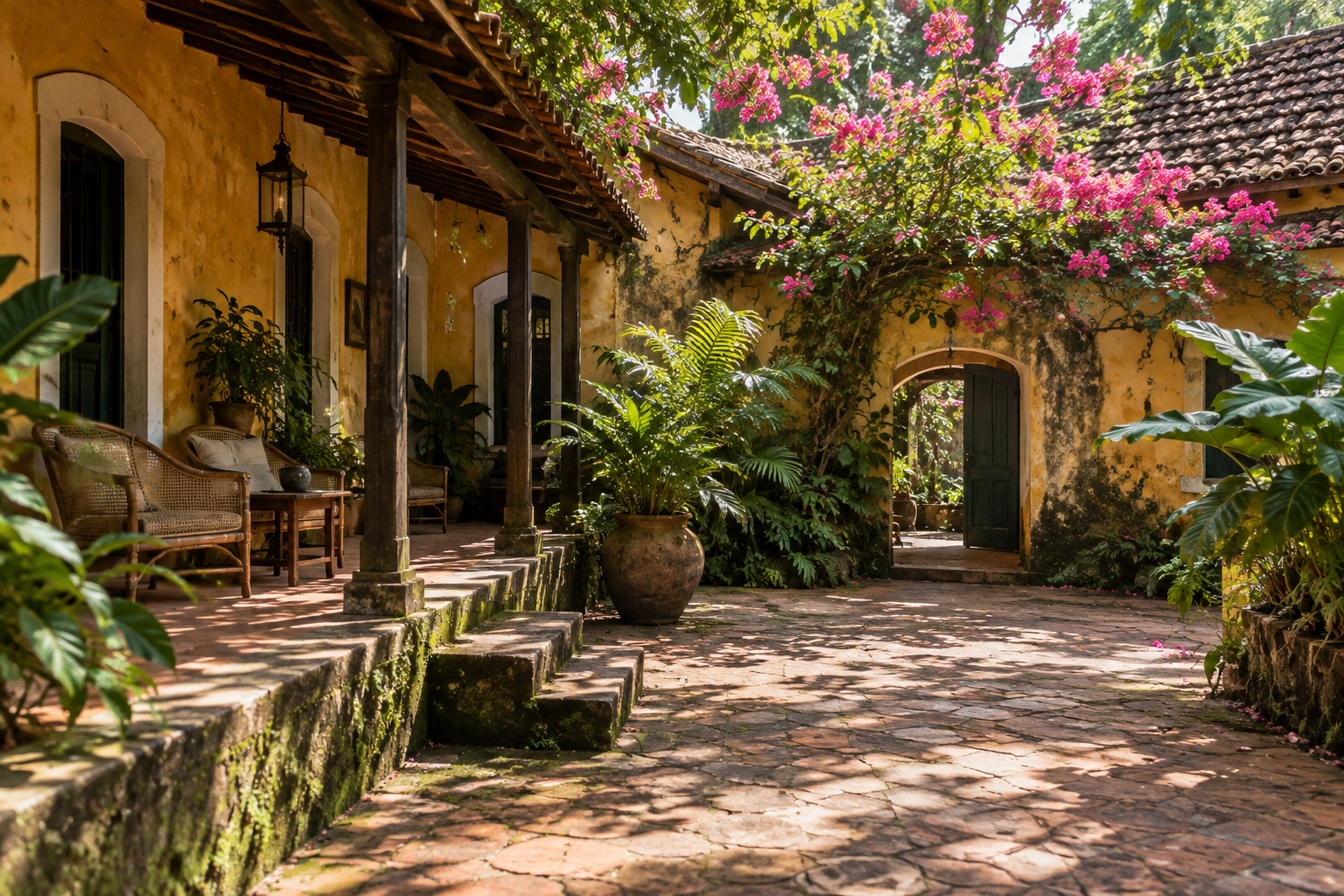 Shaded heritage villa courtyard in Assagao
