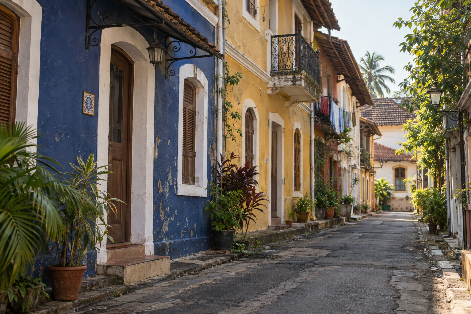 Quiet blue and ochre lane in Fontainhas, Panjim