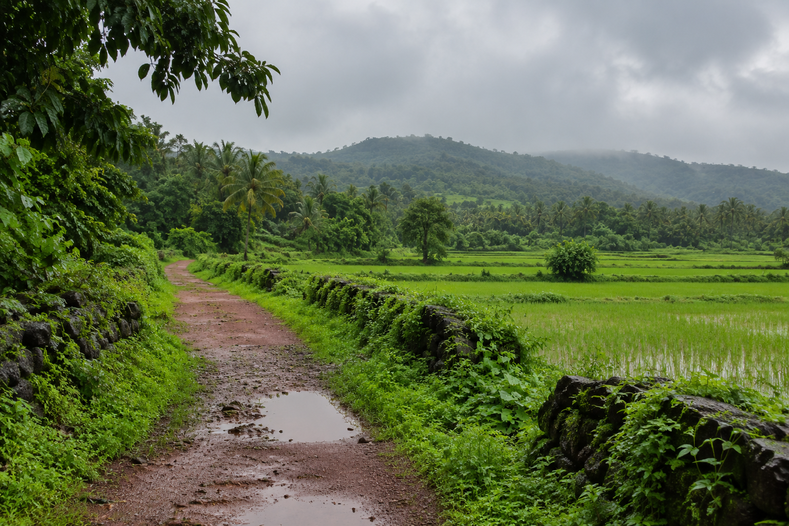 Rain-wet path through monsoon-green Goa fields