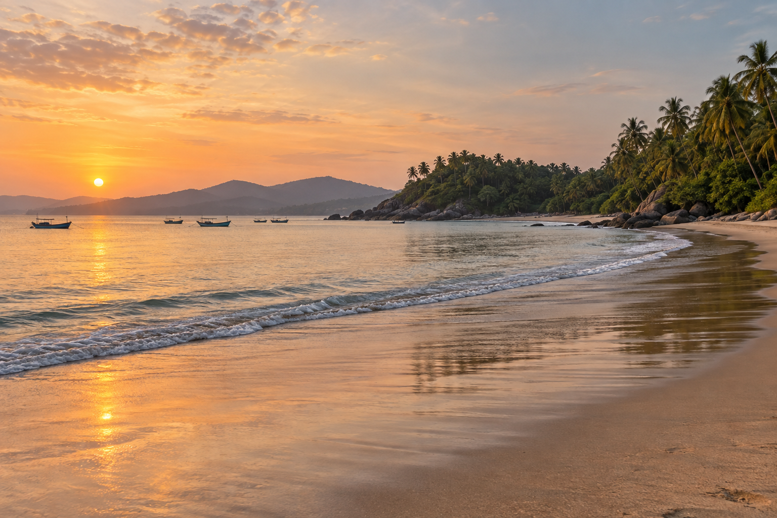 Calm palm-framed South Goa bay at sunset