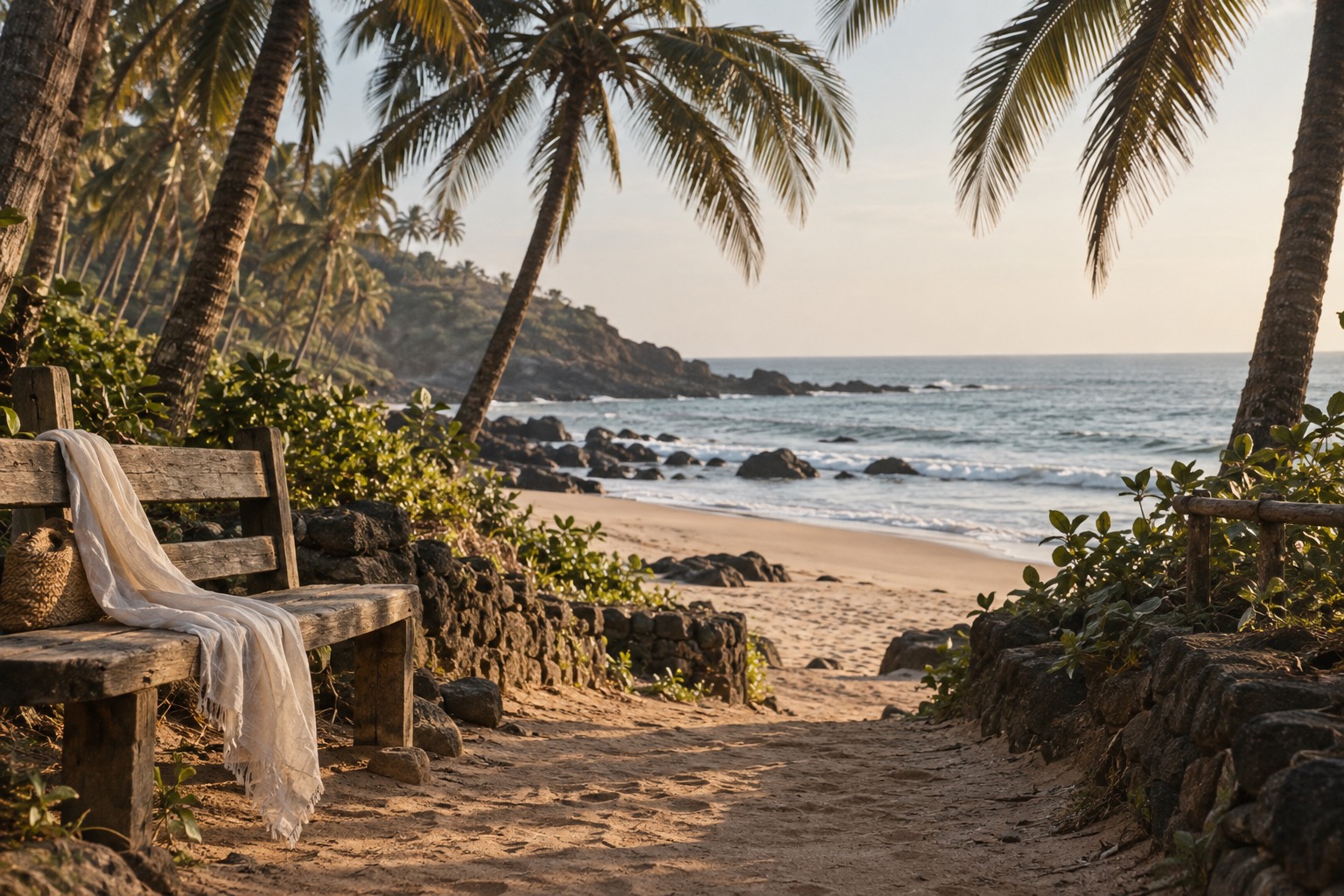 Palm-lined path opening onto a quiet Goa beach