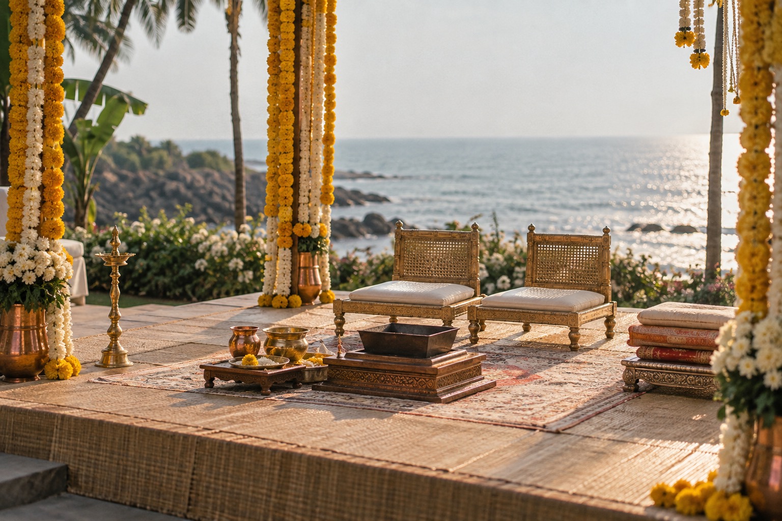 Wedding ceremony setting prepared by the Goa sea